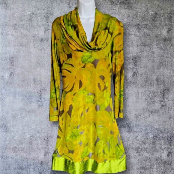 Beautiful 60's Mod Dress Vintage Green/Yellow  Cowl Neckline Size Large - Picture 9 of 11